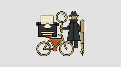 A typewriter, a person in a trench coat holding a magnifying glass, a bicycle, and a fountain pen.