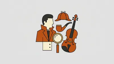 A man in a brown coat surrounded by a deerstalker hat, a pipe, a magnifying glass, and a violin.