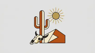 Flat illustration of a desert scene with a saguaro cactus, a bull skull, and a geometric sun on a light gray background