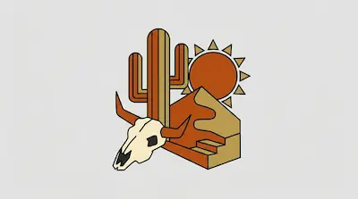 Flat illustration of a desert scene with a bull skull, a striped cactus, and a bright sun in warm earth tones.