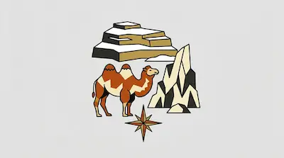 Flat illustration of a two-humped camel standing by jagged rocks and a compass rose on a light grey background