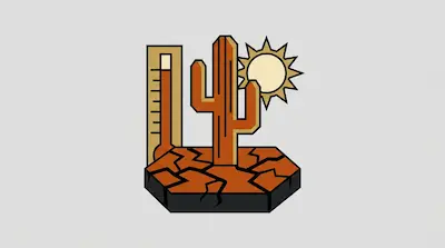 Flat illustration of a cactus on cracked earth with a high thermometer and a bright sun on a light gray background