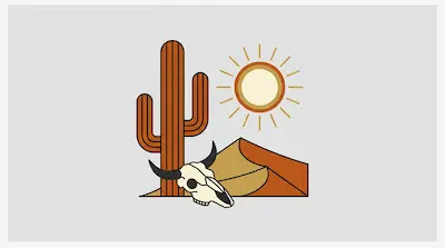 Flat illustration of a desert scene with a tall cactus, a bright sun, and a bull skull in front of sand dunes