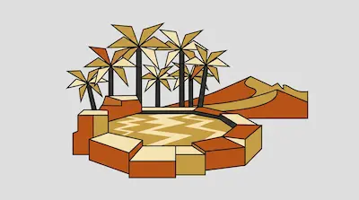 Flat illustration of a desert oasis with geometric palm trees, a stone pool, and sand dunes on a gray background