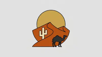 Flat illustration of a desert scene with orange sand dunes, a black camel, a cactus, and a large yellow sun.