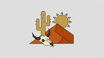 Flat illustration of a desert scene with a bull skull, a tall cactus, and a bright sun over orange sand dunes