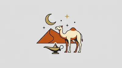 Flat illustration of a camel standing by a magic lamp and a sand dune under a crescent moon and stars