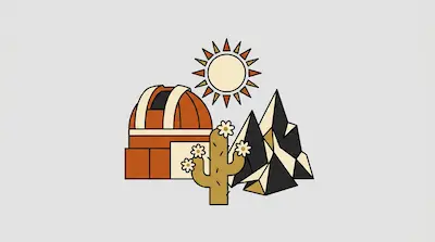 Flat illustration of an orange observatory dome, a flowering cactus, and geometric mountains under a bright sun.