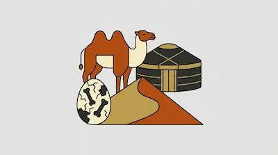 Flat illustration of a two-humped camel, a traditional yurt, a sand dune, and a cracked egg with bones on a gray background
