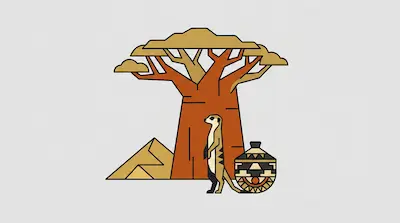 Flat illustration of a meerkat standing by a baobab tree and a patterned basket on a light grey background