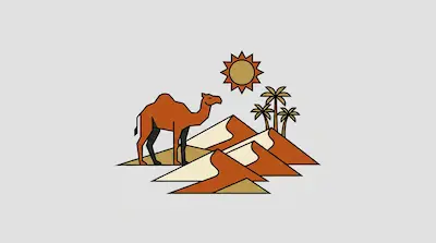 Flat illustration of a brown camel standing by sand dunes with palm trees and a bright sun on a grey background