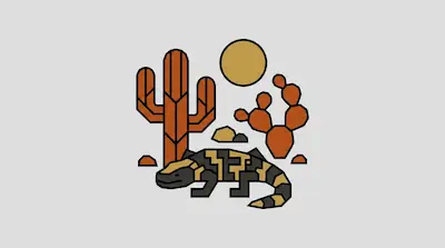 Flat illustration of a Gila monster lizard in a desert with cacti and a sun using geometric shapes and bold lines