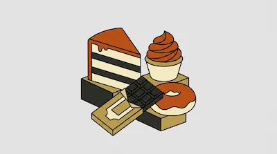 A slice of layered cake, a cupcake, a chocolate bar, and a glazed donut.