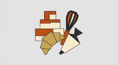 A geometric arrangement of a stack of blocks, a whisk, a croissant, and a piping bag.