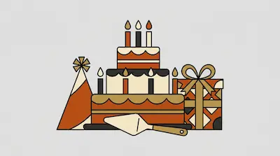 Flat illustration of a tiered birthday cake with candles, a party hat, and a wrapped gift in warm earth tones.