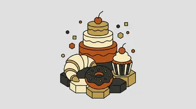 A tiered cake with a cherry on top, a crescent-shaped pastry, a glazed doughnut with sprinkles, and a cupcake with frosting.