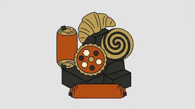 A collection of stylized pastries, including a croissant, a cinnamon roll, and a tart, arranged on dark blocks.