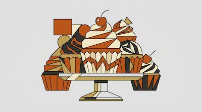 Flat illustration of geometric cupcakes with cherries on a tiered stand using a brown, tan, and black color palette.