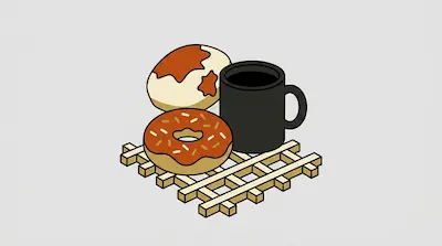 A chocolate-frosted donut, a black coffee mug, and a glazed pastry resting on a wooden lattice structure.