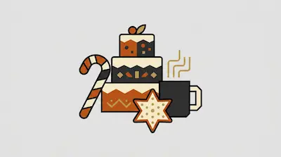 A three-tiered cake, a candy cane, a star-shaped cookie, and a steaming mug in a stylized, geometric design.