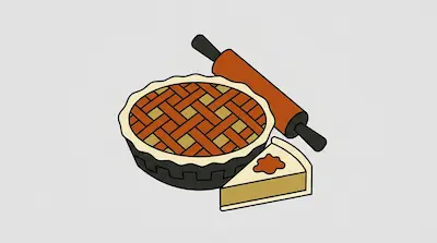 A whole lattice-top pie, a slice of pie, and a rolling pin.