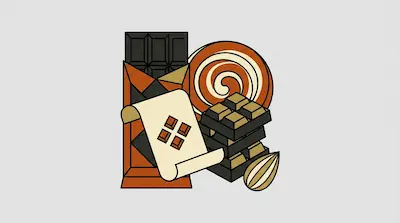 An arrangement of chocolate bars, a swirl candy, a scroll, and an almond in shades of brown and orange.