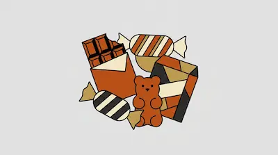 A collection of stylized sweets including a chocolate bar, a gummy bear, and wrapped candies in earthy tones of brown and orange.