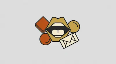 Flat illustration of a stylized open mouth surrounded by a square, circles, and an envelope on a gray background