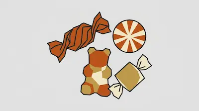 Four stylized candies in shades of orange and tan, including a gummy bear, a striped round candy, and two wrapped pieces.