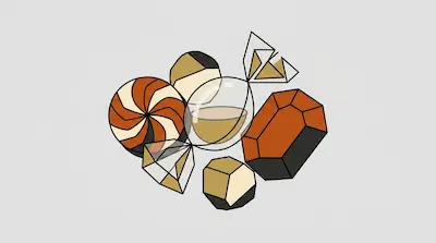 A cluster of geometric candies and faceted gems in shades of orange, gold, and black.