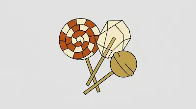 Three stylized lollipops featuring a swirled orange pattern, a faceted yellow gem shape, and a solid gold sphere.