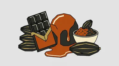 A chocolate bar, cocoa pods, and a bowl of cocoa powder surround a large drip of liquid chocolate.
