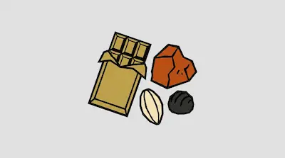 A chocolate bar, a cocoa bean, and two pieces of chocolate.