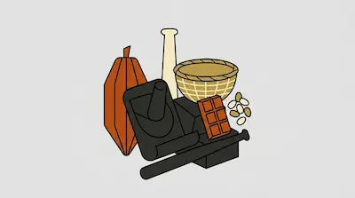A cacao pod, a basket, a mortar and pestle, and a chocolate bar are grouped together.