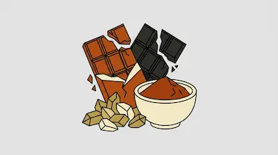 Broken milk and dark chocolate bars, a bowl of cocoa powder, and chunks of white chocolate.