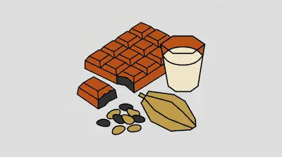 A chocolate bar with a broken piece, a glass of milk, a cocoa pod, and cocoa beans.
