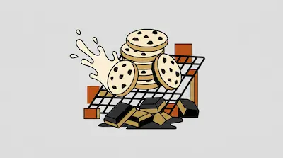 Chocolate chip cookies stacked on a wire rack with a splash of milk and chocolate chunks.