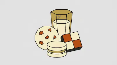 A glass of milk surrounded by a chocolate chip cookie, a sandwich cookie, and a checkered cookie.