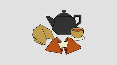 Flat illustration of a black teapot, a cup of tea, and fortune cookies on a light gray background