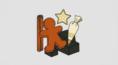 A gingerbread man cookie, a cinnamon stick, a star-shaped cookie, and a piping bag are arranged together on dark blocks.