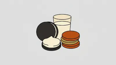 A glass of milk, a chocolate sandwich cookie with cream filling, and a stack of three brown cookies.