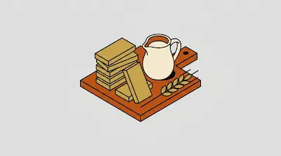 A wooden cutting board topped with a stack of rectangular blocks, a pitcher of milk, and a sprig of wheat.