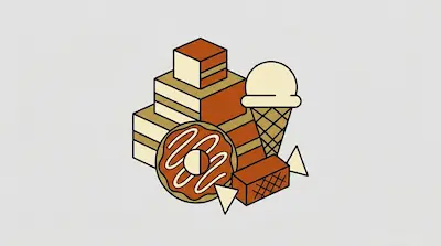 Flat illustration of a chocolate donut, an ice cream cone, and stacked cake slices in brown and cream tones