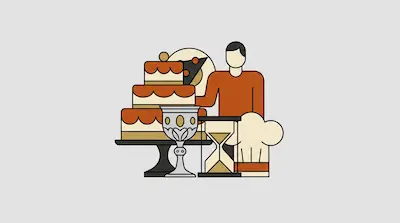 Flat illustration of a baker with a tiered cake, an hourglass, and a chef hat in orange and cream tones