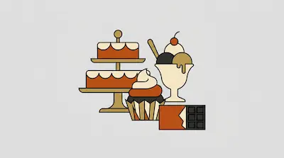 Flat illustration of a two-tier cake stand, a cupcake, an ice cream sundae, and a chocolate bar in warm tones.