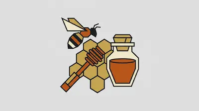 Flat illustration of a honey bee flying near a honeycomb, a wooden dipper, and a glass jar of honey on a gray background