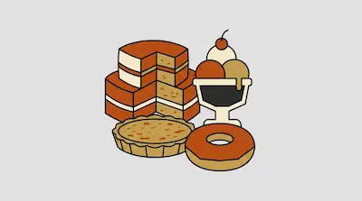 Flat illustration of a layered cake, an ice cream sundae with a cherry, a tart, and a donut on a gray background