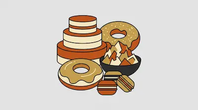 Flat illustration of a tiered cake, glazed donuts, and macarons in warm orange and tan tones on a gray background