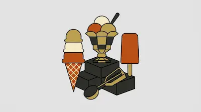 An ice cream cone, a sundae, and a popsicle are arranged on dark blocks with an ice cream scoop.