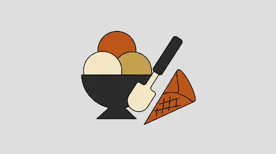 A black bowl containing three scoops of ice cream sits next to an ice cream scoop and a waffle cone.